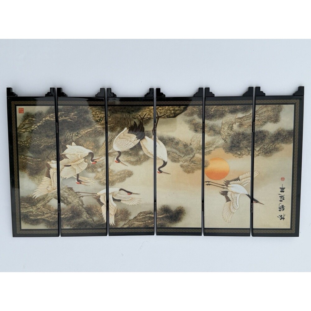 Vintage Chinese Lacquer Folding Screen With Red Crown Crane Motif ￼
